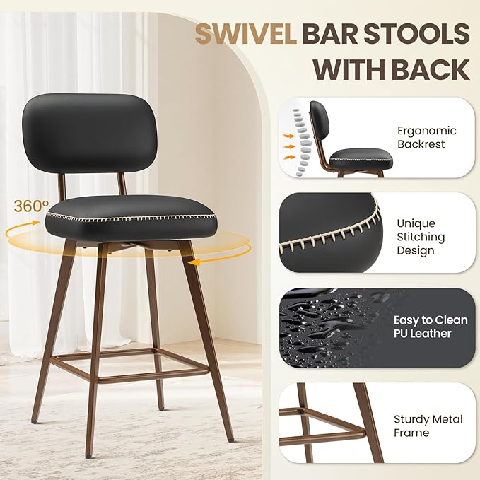 Swivel Bar Stools Set of 6, Mid Century PU Leather Counter Height Bar Chairs with Low Back and Metal Legs, Modern Bar Stool Chair for Kitchen Island, Black