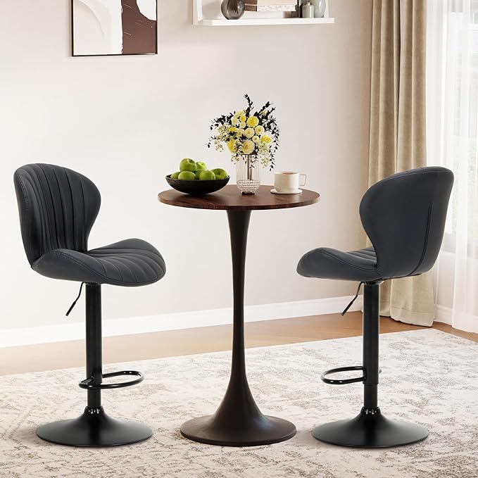 COLAMY Bar Stools Set of 3, Modern Swivel Bar Chairs, Adjustable Faux Leather Upholstered Barstools Counter Height with High Backrest for Bar, Kitchen Island, Dining Room, Black