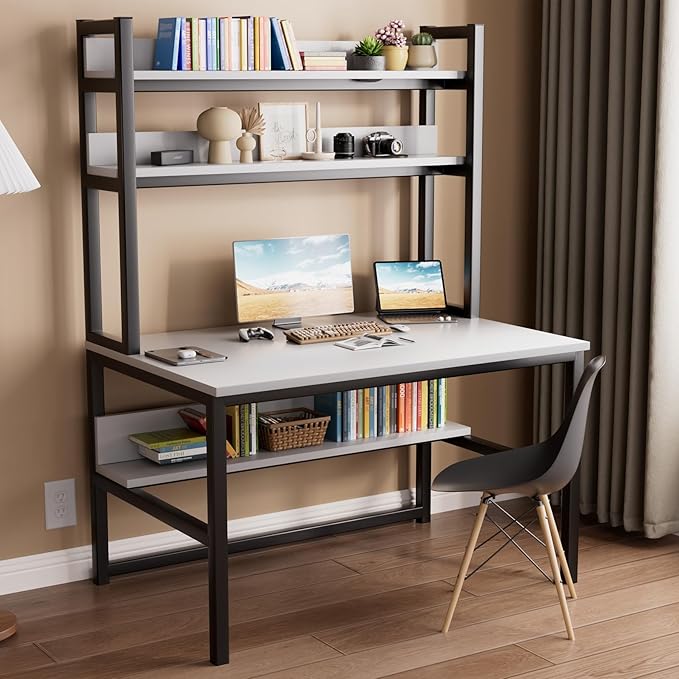 Aquzee Computer Desk with Shelves, 47" W x 23.6" D Gaming Desk with Hutch and Bookshelf, White Study Table for Bedroom Space Saving with 3 Tier Storage Shelf, Home Office Desk for Writing Work