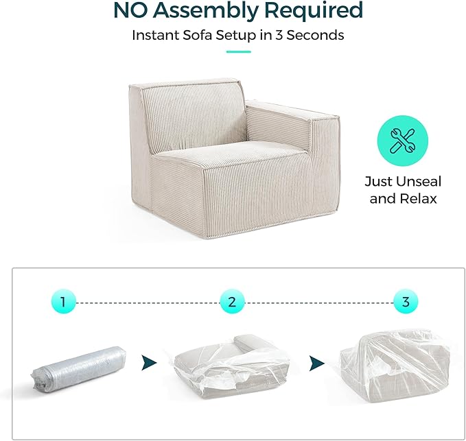 LINSY HOME Modular Sectional Sofa, 105" Boneless Couch L Shaped 3-Seat Sofa with Movable Ottoman, Corduroy Sectional Cloud Couches for Living Room, No Assembly Required, Beige