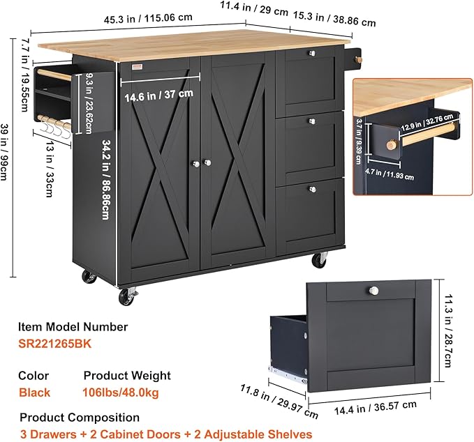 VEVOR Kitchen Island Cart, Rolling Table with Drop Leaf, Spice Rack, Towel Bar, Adjustable Shelf, Drawer, and Hooks, Mobile Island on Wheels, Mobile Carts with Storage Cabinet, 45.3" Wood Top, Black