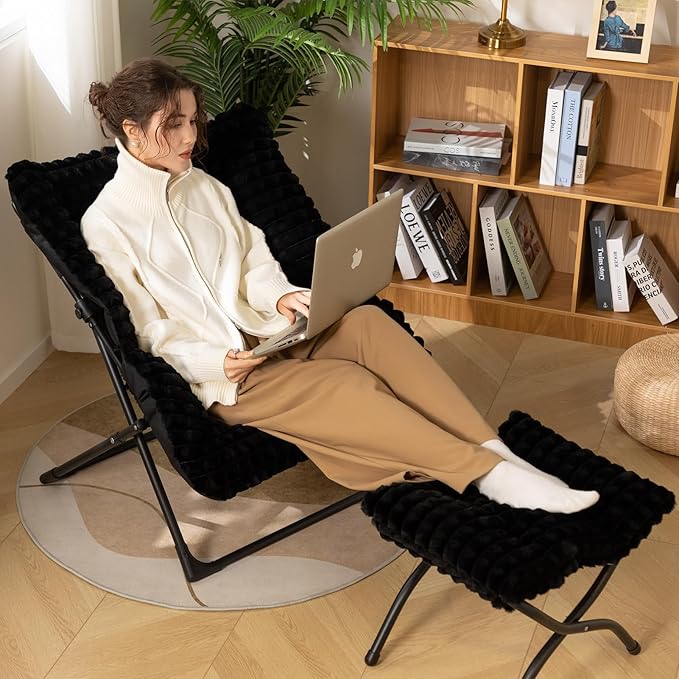 HollyHOME X-Large Saucer Chair with Foldable Ottoman, Comfy Oversized Folding Chair and Folding Footrest Stool Set, Faux-Fur Reading Chair and Footstool for Living Room, Bedroom, Black Chair&Stool