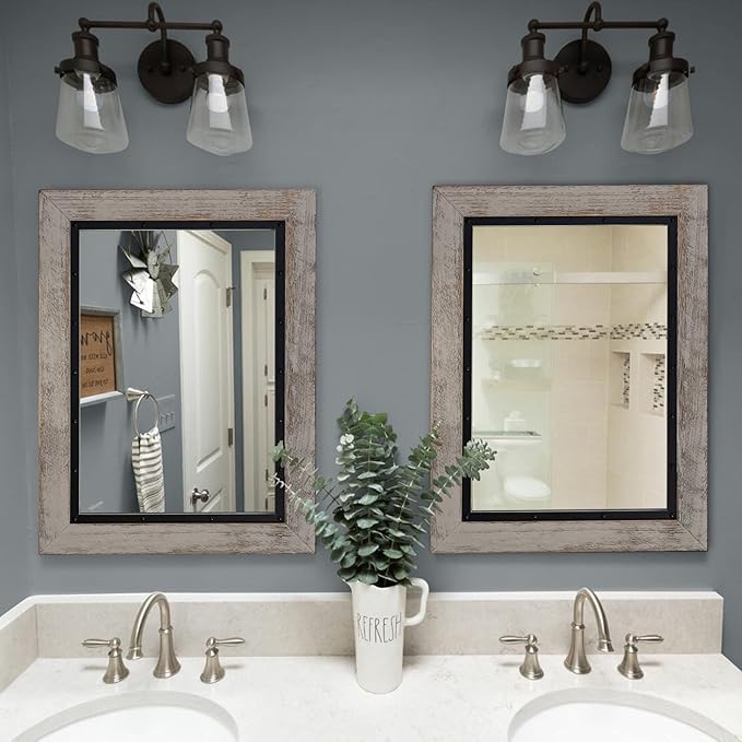 YOSHOOT Rustic Wooden Framed Wall Mirror, 32"x24", Natural Wood and Iron Bathroom Vanity Mirror for Farmhouse Decor, Vertical or Horizontal Hanging