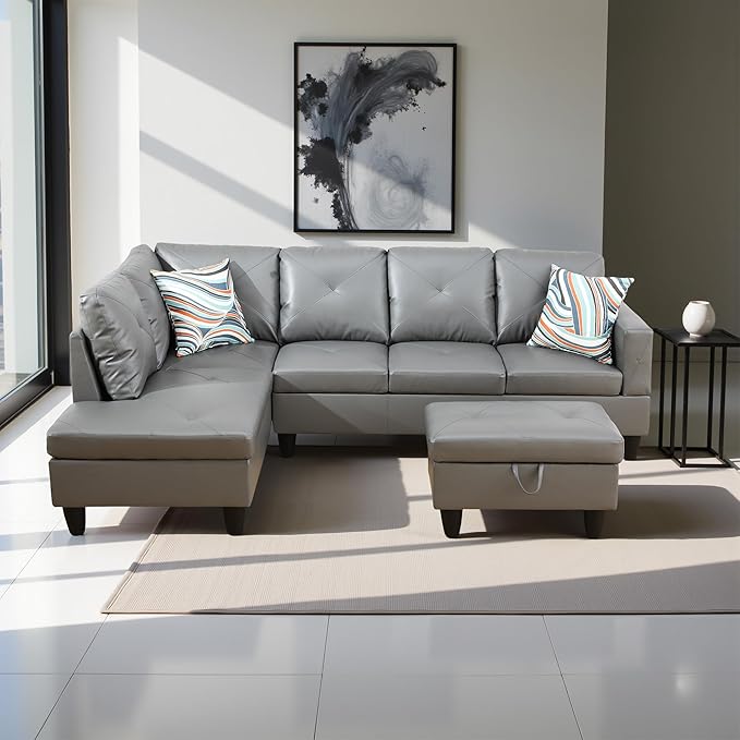 L Shaped Couch Faux Leather Sectional Couch Upholstered 3 Pieces Sofas for Living Room with Chaise, Storage Ottoman for Office and Small Apartment, Dark Grey