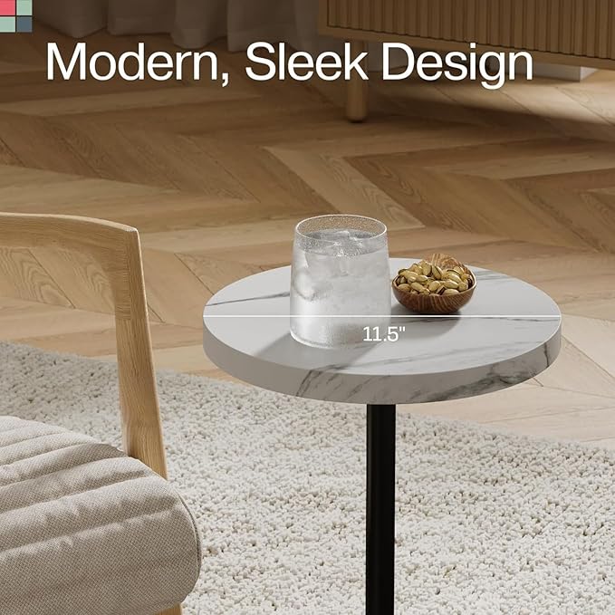 Round Metal Drink Table, Pedestal Drink Desk, Modern Home, Bedroom, and Living Room Furniture, Small Metal Side Table with Cylindrical Light Brown Base, Pedestal Desk (Faux Marble Top)