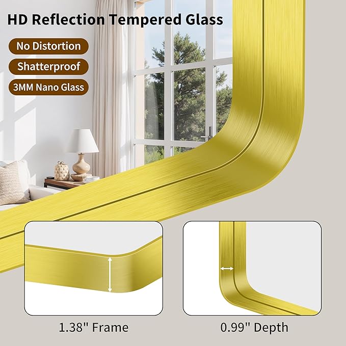 FORBATH 48x36 Inch Bathroom Mirror, Brushed Gold Deep Frame Wall Mirror with Rounded Corners, Anti-Rust Glass for Modern Farmhouse Vanity (Horizontal/Vertical Hanging)