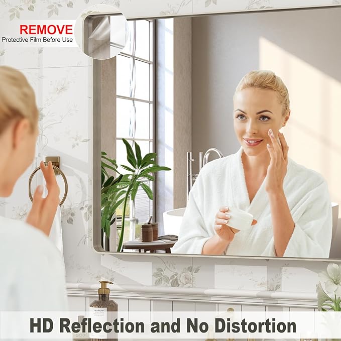 28x36 Inch Brushed Nickel Bathroom Mirror, Brushed Silver Metal Framed Wall Mirror, Rounded Rectangle Bathroom Vanity Mirror, Anti-Rust, Shatterproof (Horizontal/Vertical)