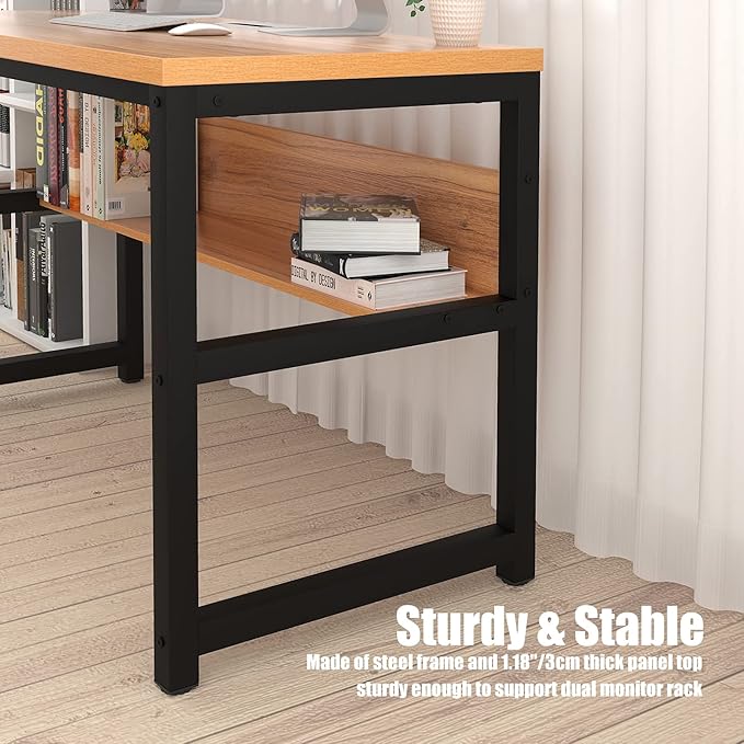 TOPSKY Computer Desk with Bookshelf/Metal Hole Cable Cover 1.18" Thick Desk (55", Oak Brown)