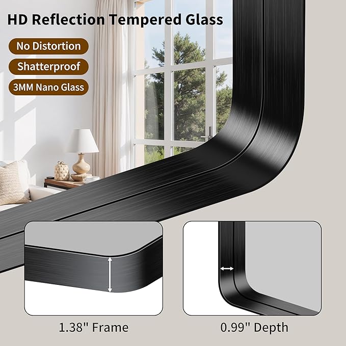 FORBATH 55x36 Inch Large Bathroom Mirror for Double Sinks, Brushed Black Deep Frame Wall Mirror with Rounded Corners, Anti-Rust Tempered Glass for Modern Farmhouse Vanity (Horizontal/Vertical)