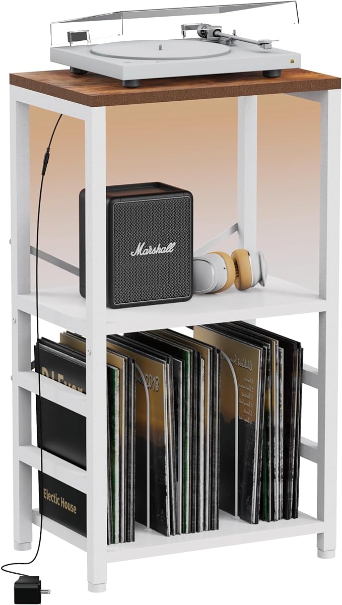 End Table with LED Light,Record Player Stand with Albums Storage,Vinyl Records Storage,Turntable Stand Side Table for Music Room Studio Living Room Bedroom-White