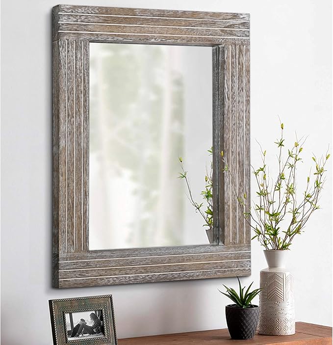 Wall Mirror Rustic Wooden Frame Rectangle Mirror Vintage Hanging Mirror for Bedroom Bathroom Living Room Farmhouse Wall Decor Large 26" x 18"