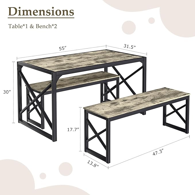 VECELO Kitchen Dining Table Set for 4, 55" Wood Rectangle Dinette with 2 Benches, Heavy-Duty Metal Frame for Small Space, Breakfast Nook, Grey