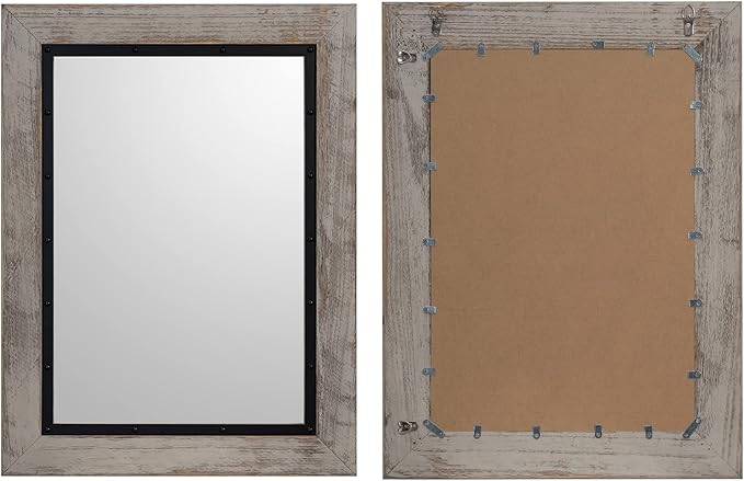 YOSHOOT Rustic Wooden Framed Wall Mirror, Natural Wood and Iron Bathroom Vanity Mirror for Farmhouse Decor, Vertical or Horizontal Hanging, 53" x 28", Grey