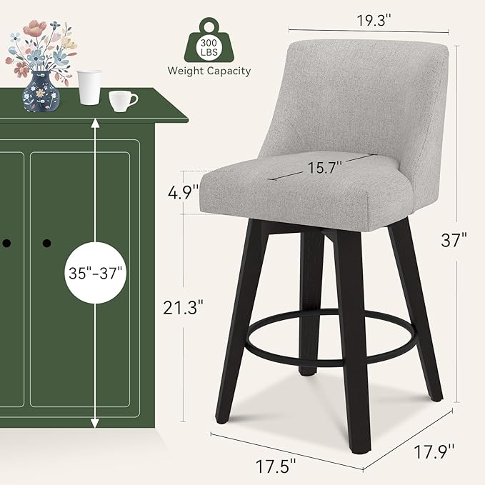 Vipbear Swivel Counter Height Bar Stools Set of 6,26.8" H Counter Stools with Back, Mid Century Modern Bar Stools for Kitchen Island,Linen Fabric,Wooden Base, Light Gray