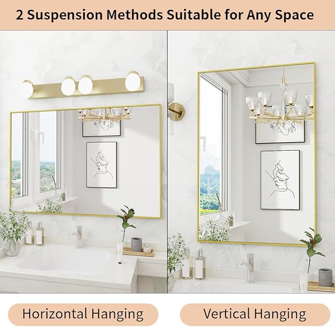 Koonmi Gold Mirrors for Wall, 30x40 Inch Bathroom Mirror, Rectangular Wall Mirror for Living Room Bedroom Bathroom, Hangs Horizontally or Vertically