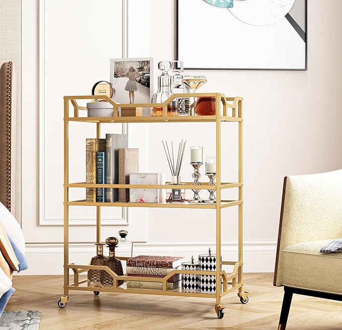 Square Gold Bar Carts with 3 Tier Storage Glass Shelves Holder Home Serving Bar Carts on Wheels for Kitchen, Bar, Dinning Room