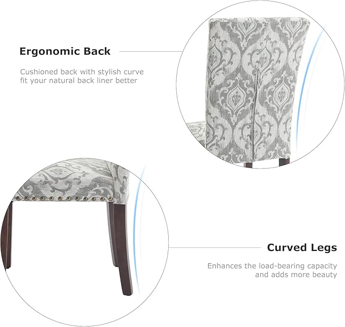 COLAMY Upholstered Parsons Dining Chairs Set of 2, Fabric Dining Room Kitchen Side Chair with Nailhead Trim and Wood Legs - Grey/White Flower