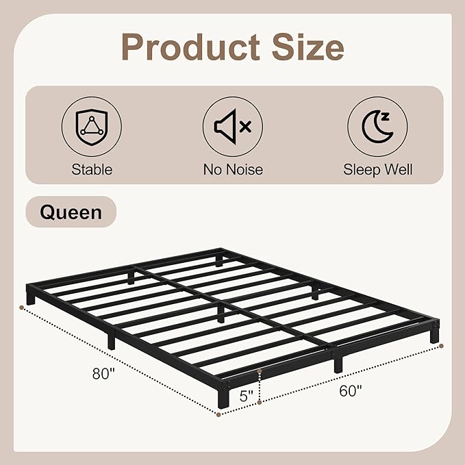 5 Inch Low Queen Bed Frame, Heavy Duty Bed Frame Queen Size Low Profile, No Box Spring Needed, Easy Assembly, Noise Free, Black