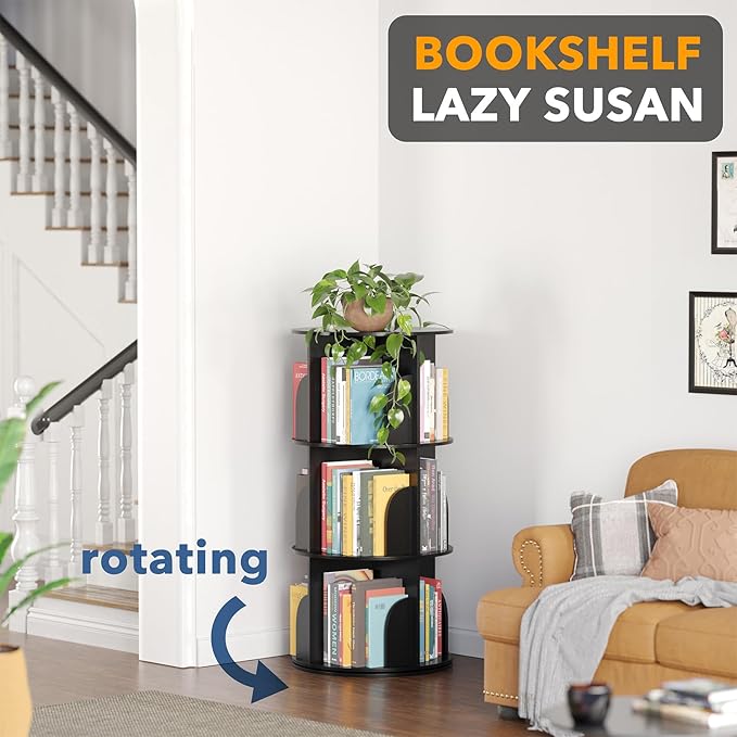 SpaceAid 3 Tier Rotating Bookshelf Tower, Spinning Bookcase Lazy Susan, Revolving 360 Book Shelf Storage Round Carousel, Vertical Rotate Turning Spiral Corner Organizer, Black
