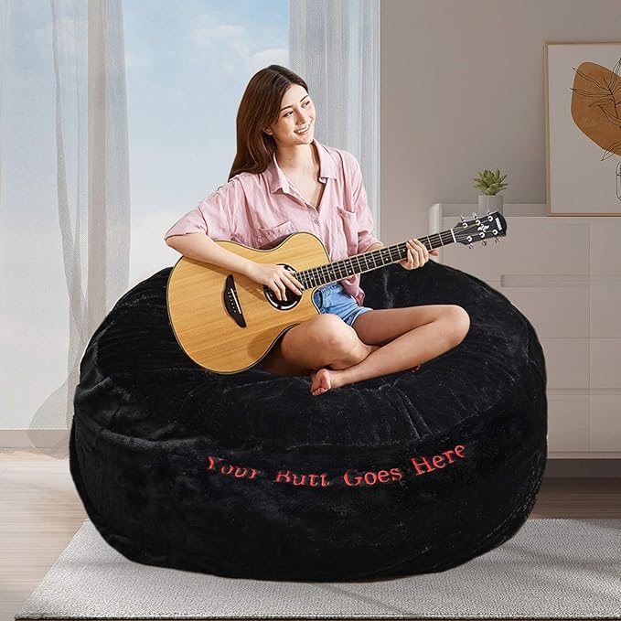 BCU Oversized Bean Bag Cover With Embroidered Words Comfy Beanbag Chair for Adults Without Filler Faux Fur Lazy Sofa Cover for Living Room Chairs, Black, 5FT