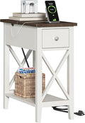 ChooChoo Farmhouse End Table with Charging Station, Accent Small Side Table Nightstand for Living Room, Bedroom, and Small Spaces - Soft White