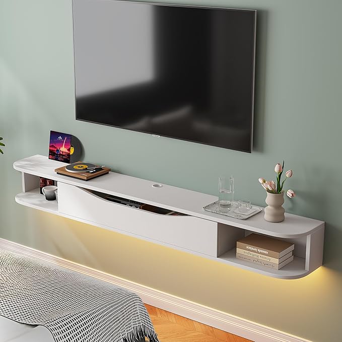 Floating TV Stand,94'' Wall Mounted TV Cabinet,Floating TV Console,Under TV Shelf with 1 Door and 2 Cabinets for TVs up to 90''(White)
