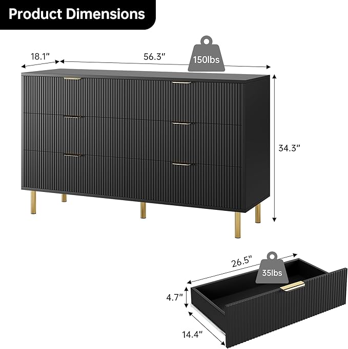 GarveeHome Black Dresser, Modern 6 Drawer Dresser for Bedroom with Gold Handle and Large Drawer, Wood Double Chest of Drawers and Storage Organizer for Living Room, Hallway, Entryway