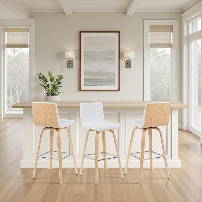 Vienna Modern Swivel Bar Height Stool with White Faux Leather Seat and Patterned Oak Wood Frame Set of 3