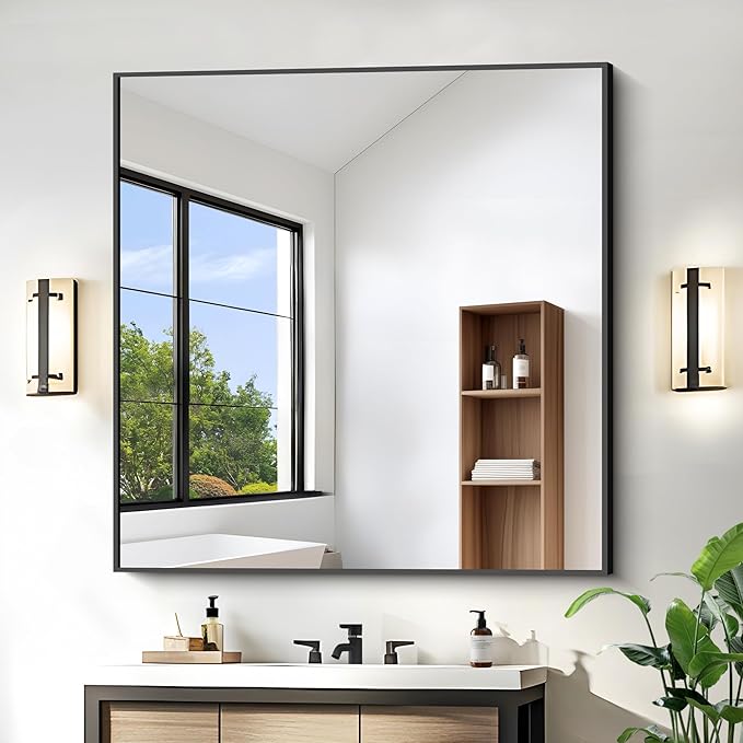KOCUUY Black Square Mirror, 42"x42" Bathroom Mirrors for Over Sink, Large Black Wall Mounted Mirror, Metal Framed Mirror for Wall, Vanity Mirror for Bathroom Living Room Bedroom Dining Room