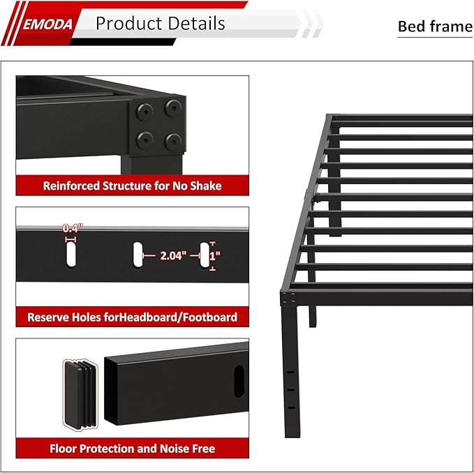 EMODA 20 Inch King Bed Frame No Box Spring Needed, Heavy Duty Tall Metal Platform with Large Storage Space, Noise Free, Easy Assembly, Black