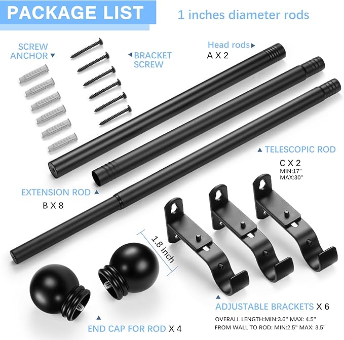 Curtain Rods for Windows 16 to 92 Inches, Curtain Rod Max Adjustable Length of 104 IN, 1" Diameter Drapery Rods Round Finials, Black, Pack of 2