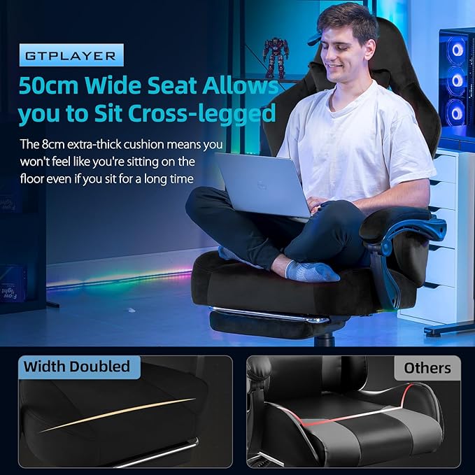 GTPLAYER Gaming Chair Fabric with Pocket Spring Cushion, Big and Tall Gamings Chairs 350LBS High Back Computer Chair with Footrest for Adults Lumbar Support Swivel Game Chair for Office Light Black