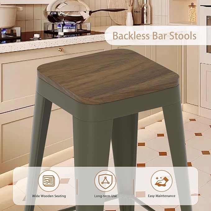 26 inch Backless Bar Stools Set of 4, Indoor Metal Bar Stools with Wood Seat, Industrial Counter Height Barstools for Kitchen Island, Rusty