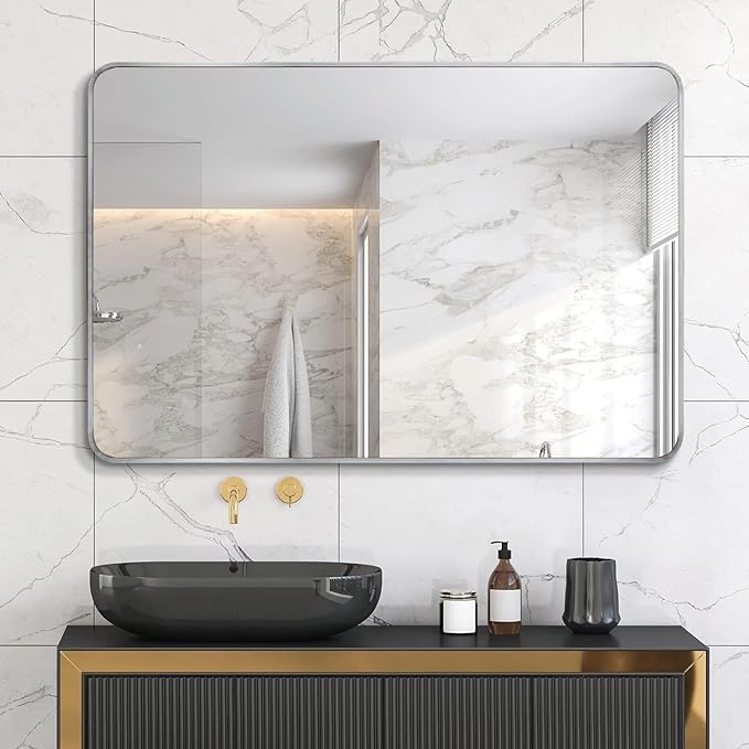 Bathroom Mirror 30x40 inch, Silver Gorgeous Deep Frame Wall Mirror, Modern Round Corner Bathroom Vanity Mirror for Bedroom, Living Room, Hanging or Leaning Horizontal or Vertical, Silver