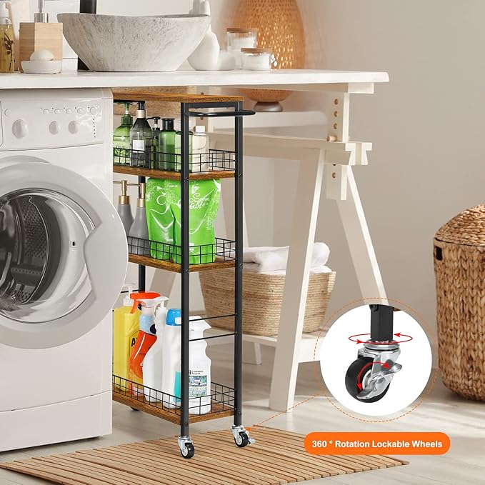 YBING Slim Storage Cart 4 Tier Narrow Kitchen Rolling Cart with Wooden Tabletop Mobile Utility Stand on Wheels for Bathroom Laundry Narrow Places Rustic Brown 16.5''L X 7.3''W X 34.6''H
