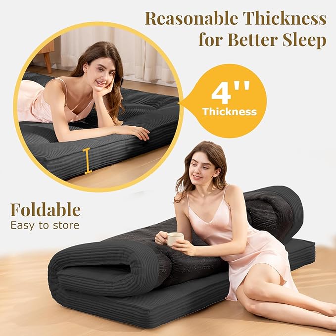 Japanese Floor Mattress, 4" Thicken Futon Mattress Twin Size Sleeping Pad, Corduroy Foldable Floor Pad, Roll Up Tatami Mat for Adults Guest Room Bedroom, Grey