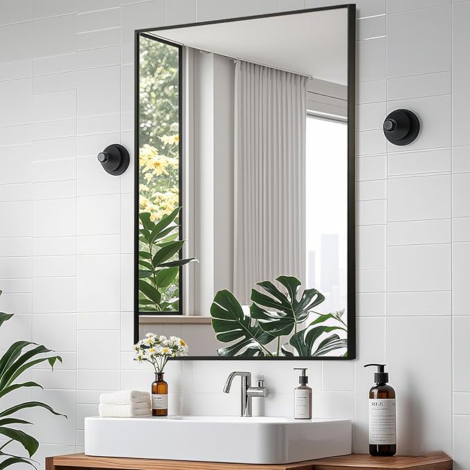 Matte Black Mirror, 40x30 Inch Aluminum Framed Rectangle Mirror, Anti-Rust, Tempered Glass, Square Corner Wall Mirror for Over Sink, Vanity, Bedroom, Entryway, Horizontal/Vertical