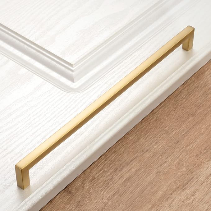 KOOFIZO Solid Square Bar Cabinet Handle - Brushed Gold Furniture Pull, 10 Inch/256mm Screwhole Distance, Pack of 5 for Kitchen Cupboard Door, Bedroom Dresser Drawer, Bathroom Wardrobe Hardware