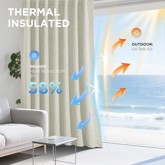 Joydeco 100% Blackout Curtains for Bedroom - Natural Linen Curtains 42" W x 90" L Long, Thermal Insulated 2 Panels Light Beige. Room Darkening Light Blocking Drapes for Living Room