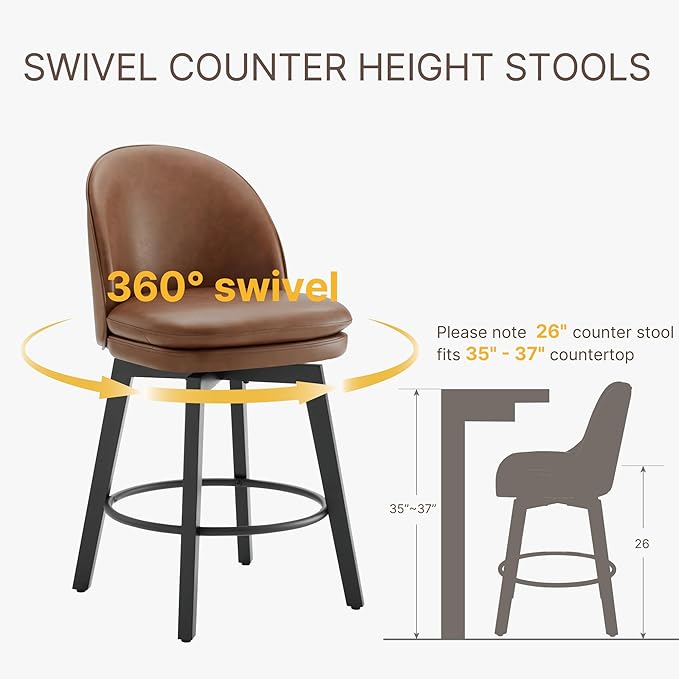Counter Height Barstools 26 inch Upholstered Swivel Bar Stools with Back and Wood Legs for Kitchen Island,Set of 3,Brown PU Leather-Armless