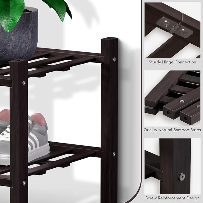 Haddockway Long 3 Tier Bamboo Shoe Rack Storage Organizer, Multifunctional Free Standing Stackable Shoe Shelf with Grid Panel for Closet,Hallway,Entryway,Small Space 34.2"x11"x20"(Brown, 3-Tier(Long))