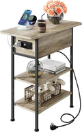 WLIVE End Table with Charging Station, Flip Top Side Table with Storage Shelf, Narrow Bedside Table for Living Room, Sofa Couch Table with USB Ports and Outlets, Bedroom Nightstand, Greige