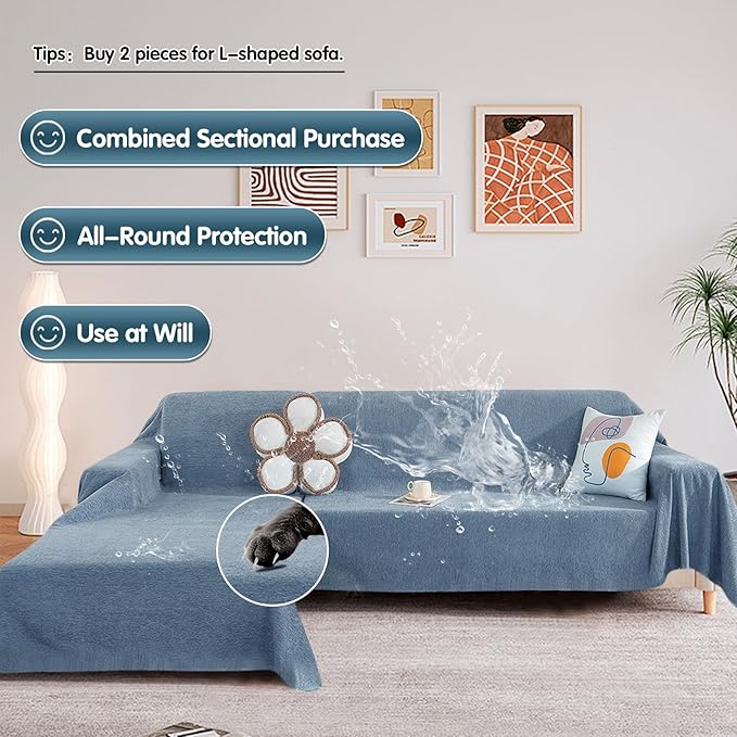 STACYPIK 100% Waterproof Blue Couch Cover for Pets, Sectional L Shape Sofa Cover for 2 Cushion Couch, Anti-Cat Scratch Furniture Protector Cover, Anti Slip Sofa Throw Cover for Dogs Kids-71x102IN