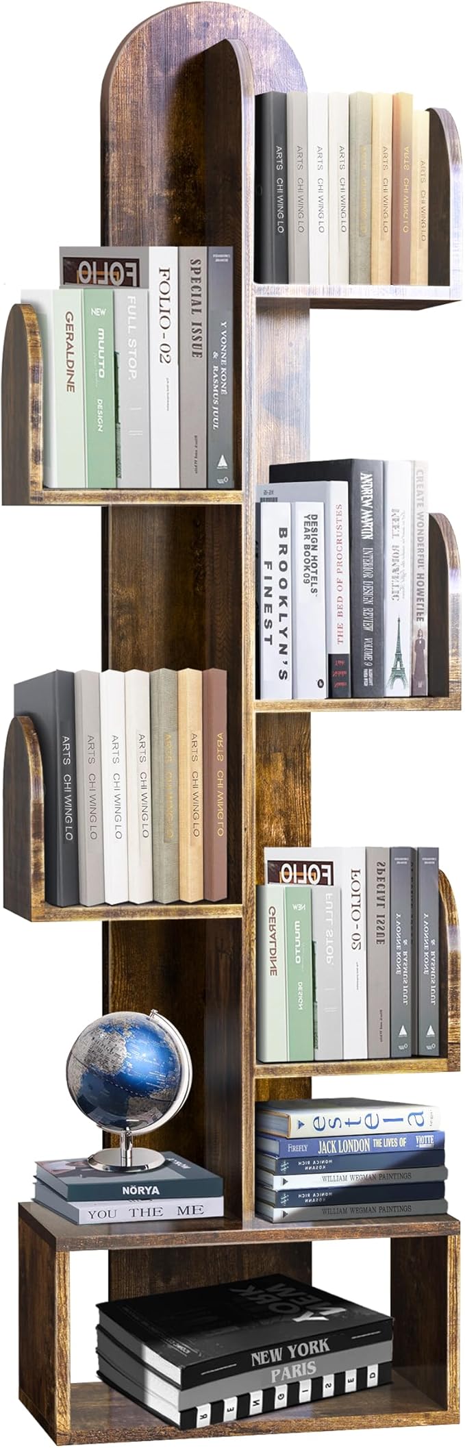 Cactus Tree Bookshelf, 5-Tier Wood 50" Tall Corner Storage Rack for CDs/Movies/Books, Small Space-Saving Organizer Shelves for Living Room, Bedroom, Home Office (Rustic Brown)