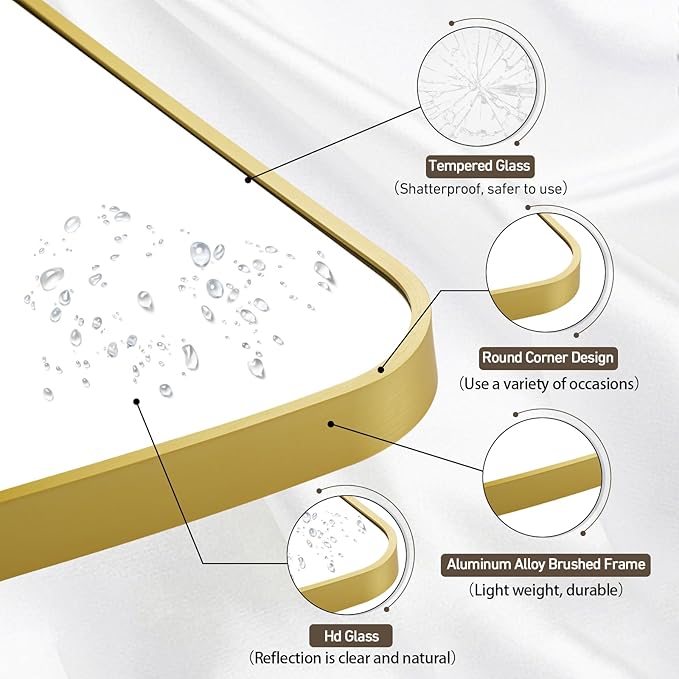 Matte Gold Mirror, 24x32 Inch Brushed Gold Mirror, Aluminum Alloy Framed Vanity Mirror, Rounded Rectangle Bathroom Mirror for Over Sink, Anti-Rust Wall Mirror (Horizontally or Vertically)