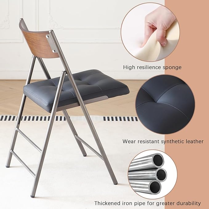 2 Pack Folding Chairs with Thick Padded Seat,Heavy Duty Steel Frame Foldable Dining Chairs with Soft Cushion Set of 2,Portable Indoor Outdoor for Home Kitchen,Office,Events,Wedding(Black)