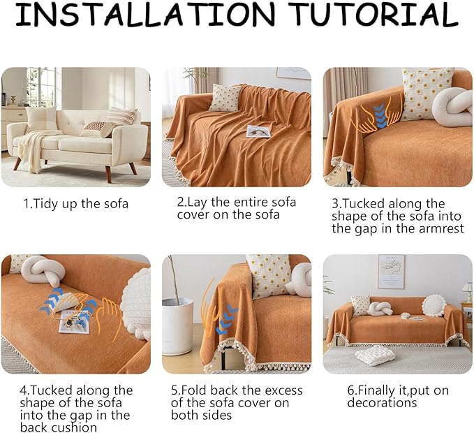 HANDONTIME Dark Orange Sofa Covers Couch Cover for Dogs Colorful Tassel Sofa Seat Cover Lovetseat Cover Pet Couch Cover Bohemian Sofa Cover for Couch Vintage Boho Couch Covers Futon Cover, 91" X118"