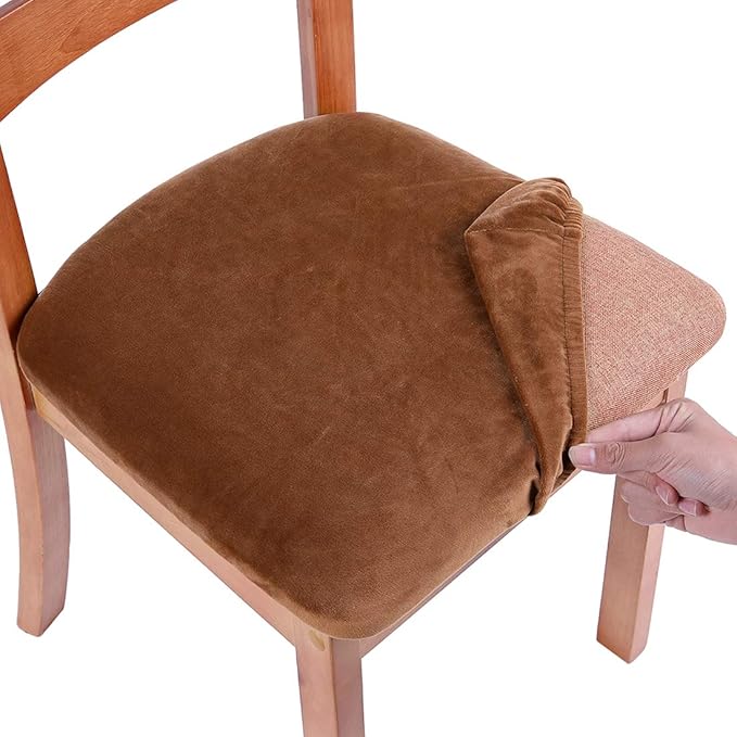 Smiry Velvet Seat Covers for Dining Room Chair Set of 6, Stretch Fit Removable Washable Chair Seat Cushion Protector Slipcovers with Ties, Camel