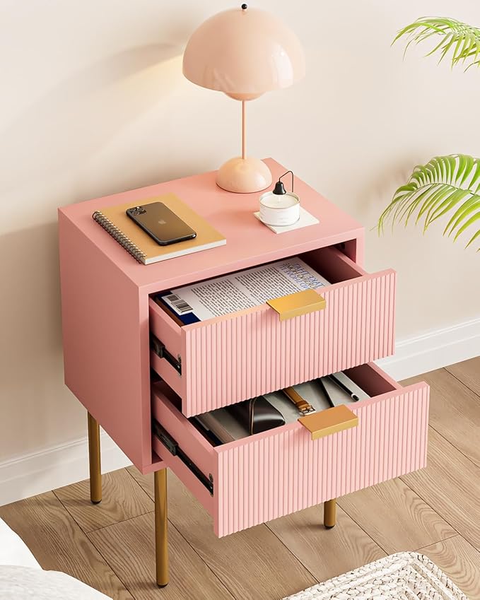 Nightstand,Morden Bedside Table with Gold Frame,Small White Night Stand,End Table,Bedside Furniture,Side Table with Drawer and Shelf for Bedroom,Living Room (2Drawers, Pink)