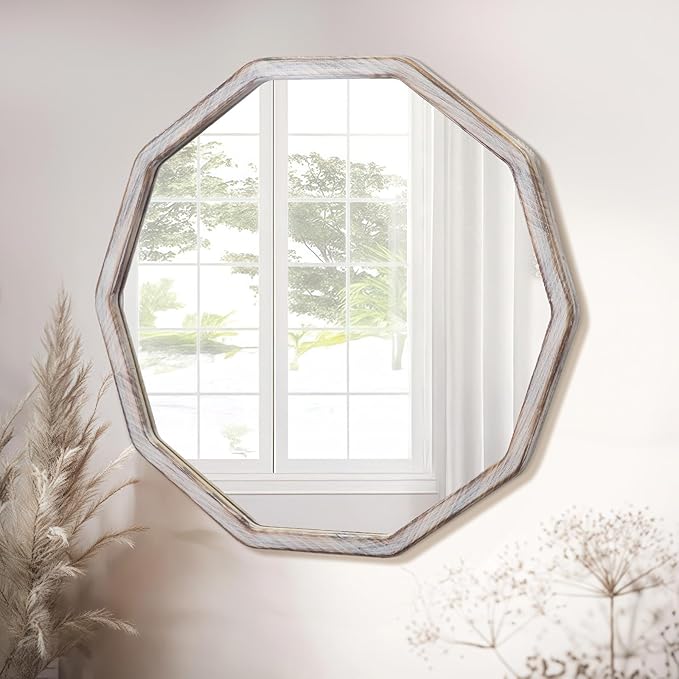 ULIKE White Wood Mirror for Wall, 24 Inch Rustic Farmhouse Mirror with Wood Frame, Decorative Wall Mounted Vanity Mirrors for Bathroom Bedroom Living Room Entryway